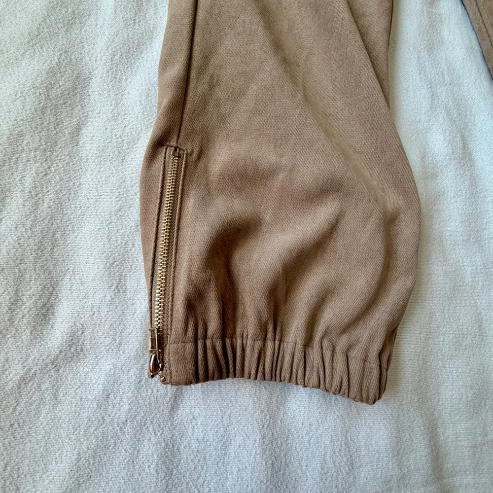 Zara Tan Faux Suede Joggers High Waist Ankle Zip Elastic Waist Pants Brown